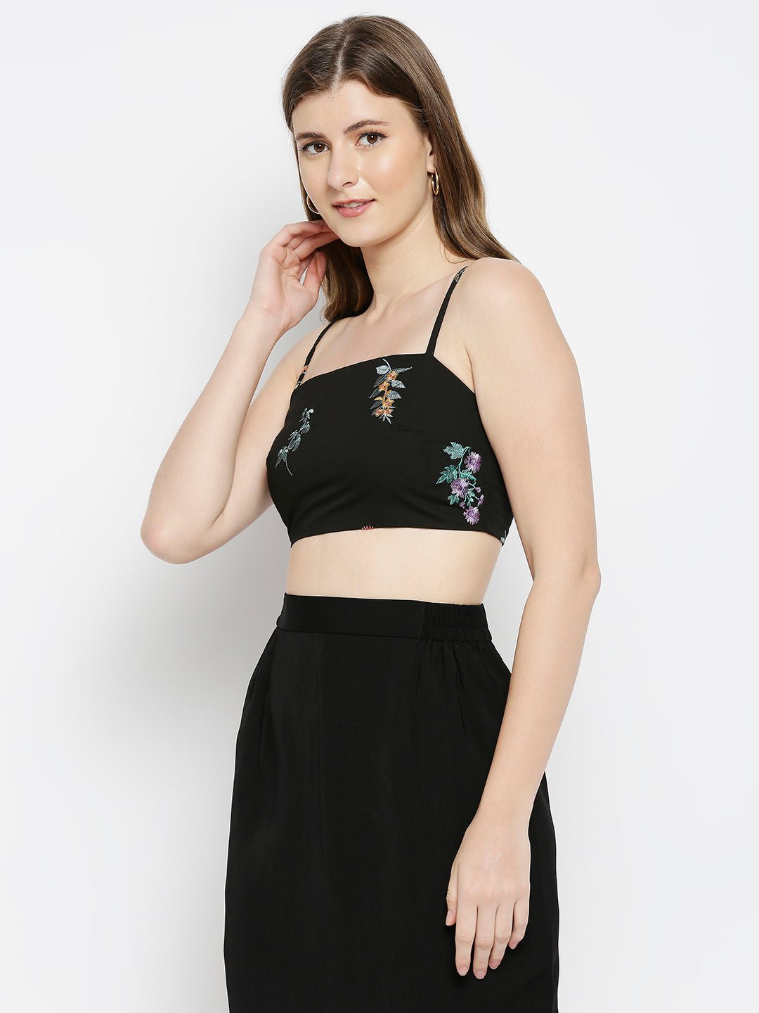 Black Floral Embroidered Bralette Top - AaliyaIndia