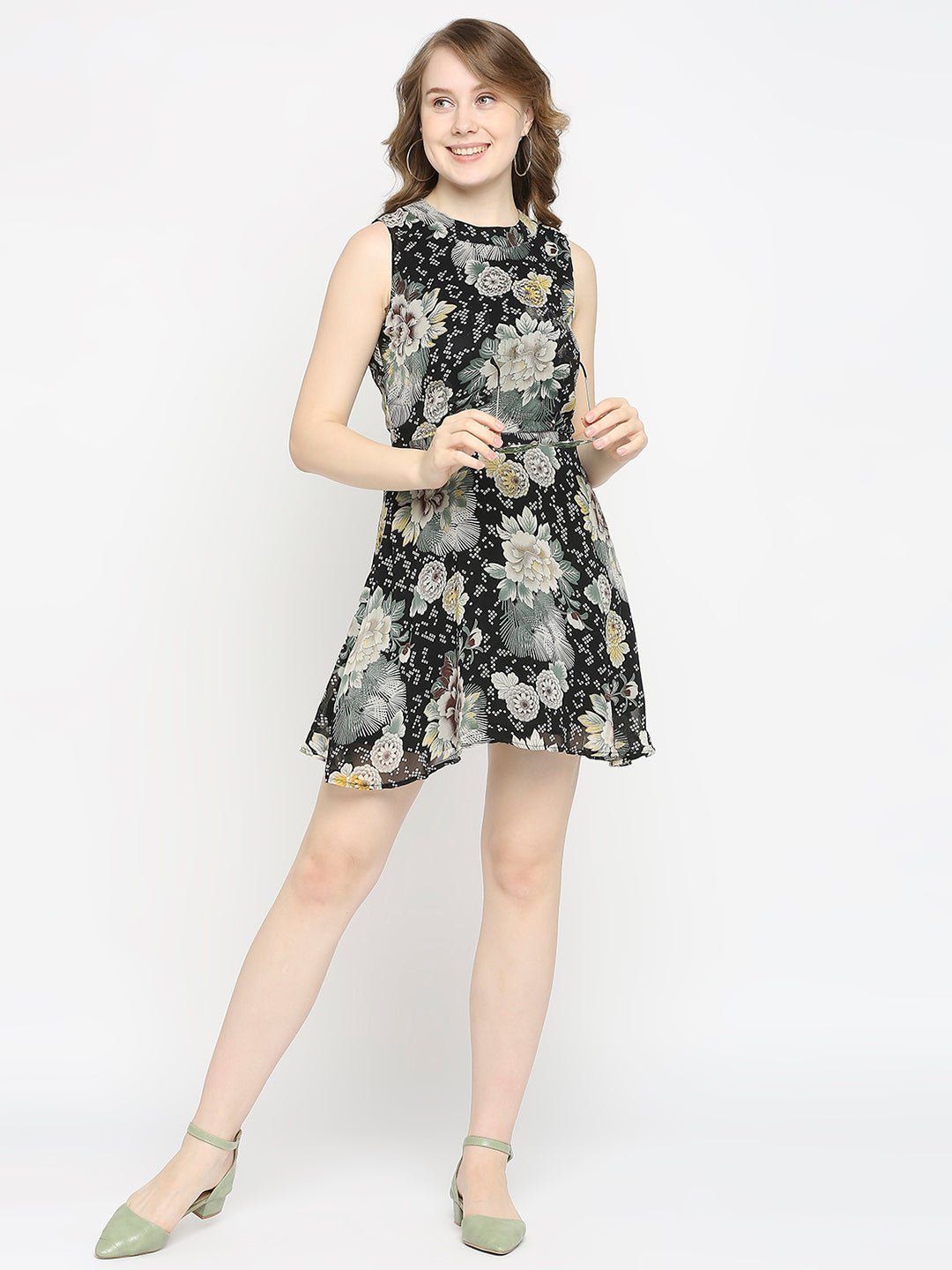 Black Floral Printed Sleeveless Mini Dress - AaliyaIndia