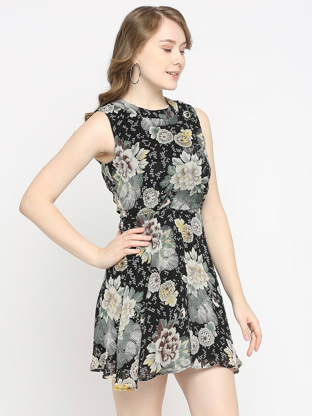 Black Floral Printed Sleeveless Mini Dress - AaliyaIndia