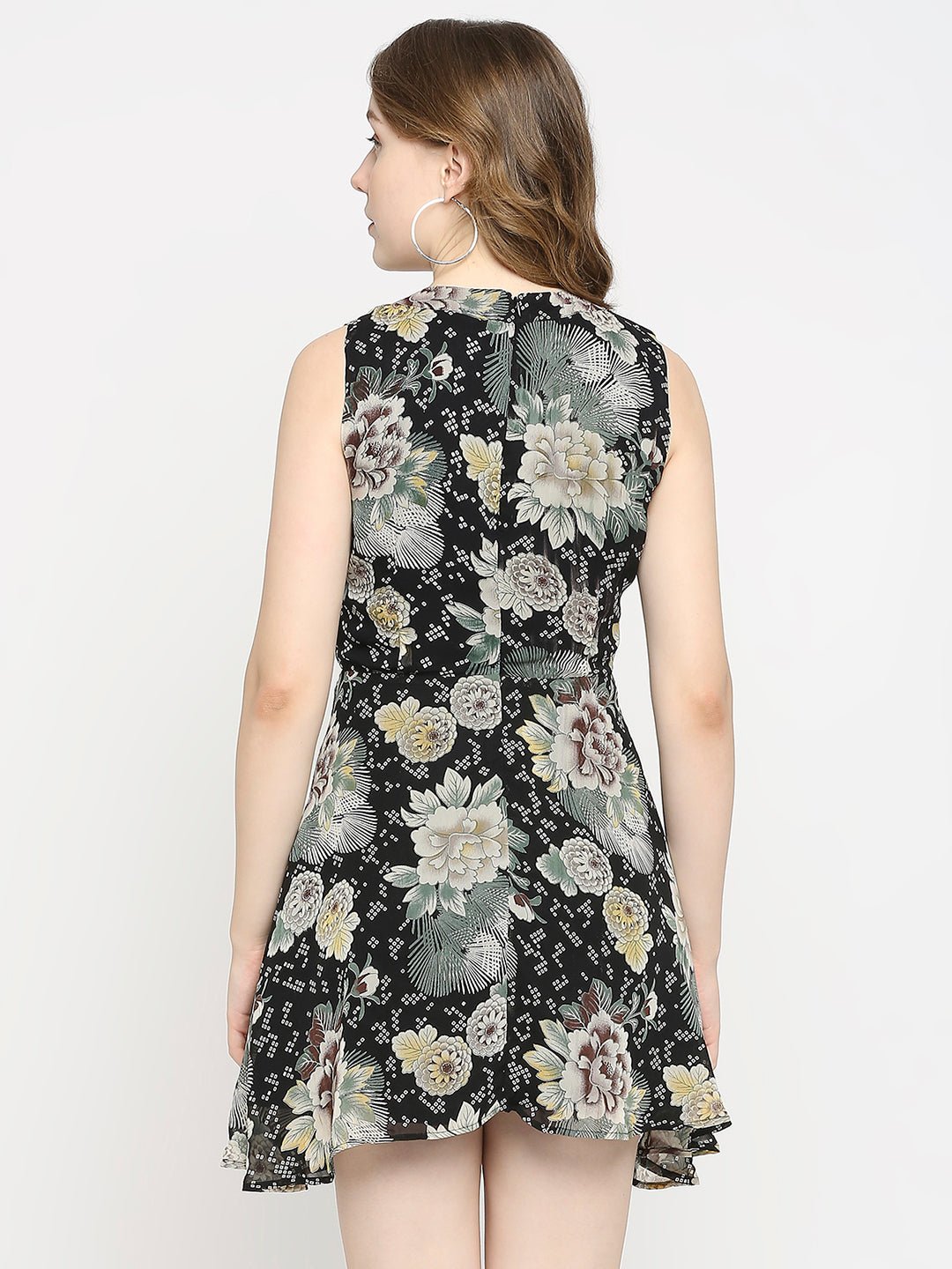 Black Floral Printed Sleeveless Mini Dress - AaliyaIndia