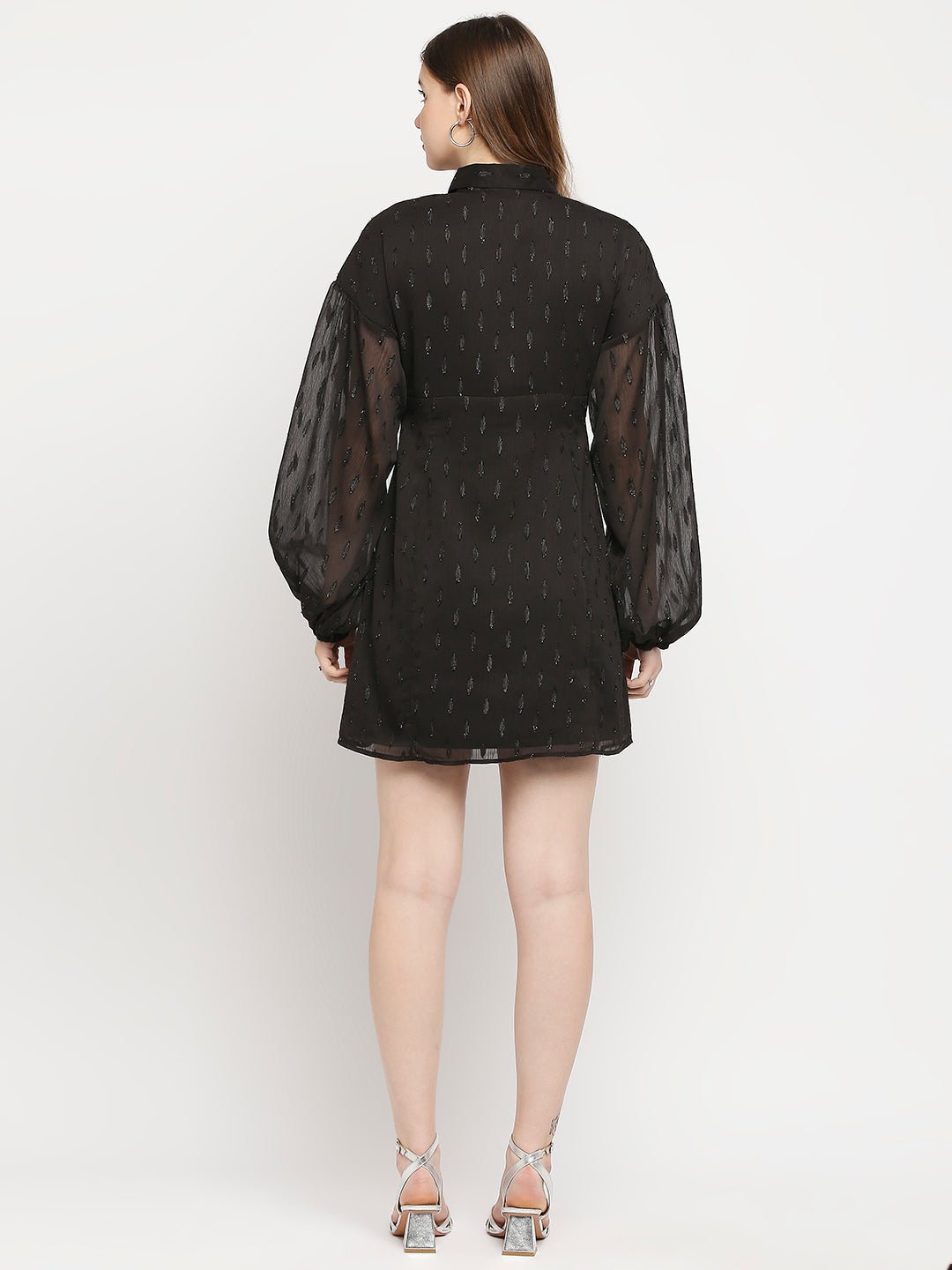 Black Full Sleeves Lurex Dress With Collar - AaliyaIndia