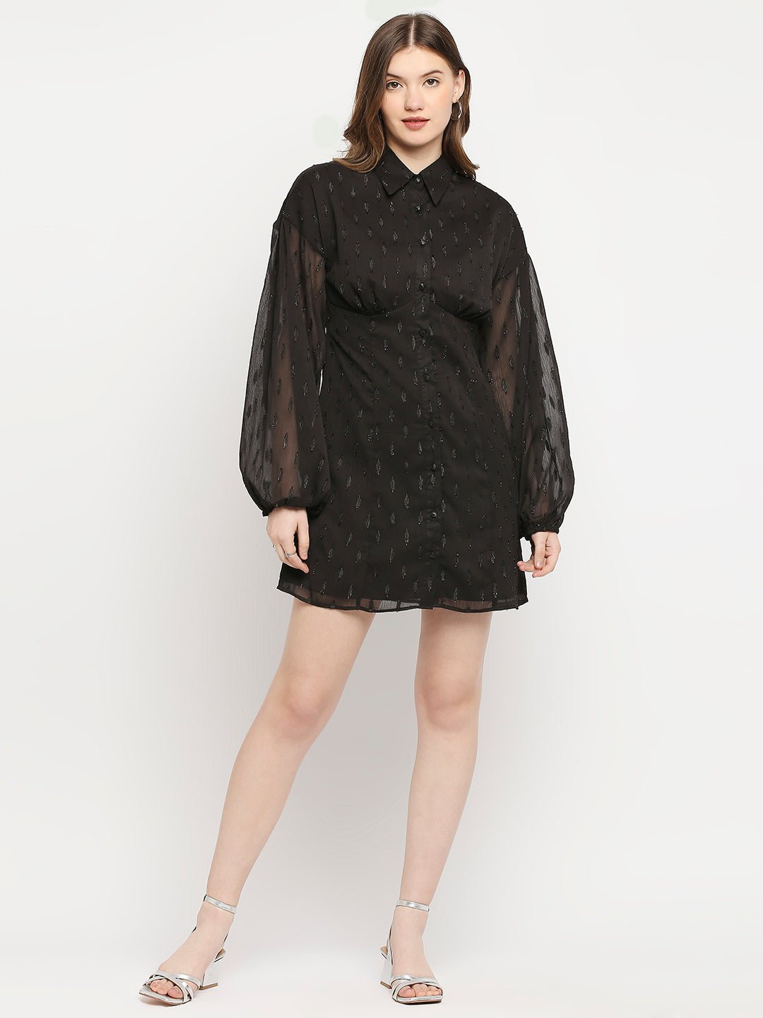 Black Full Sleeves Lurex Dress With Collar - AaliyaIndia