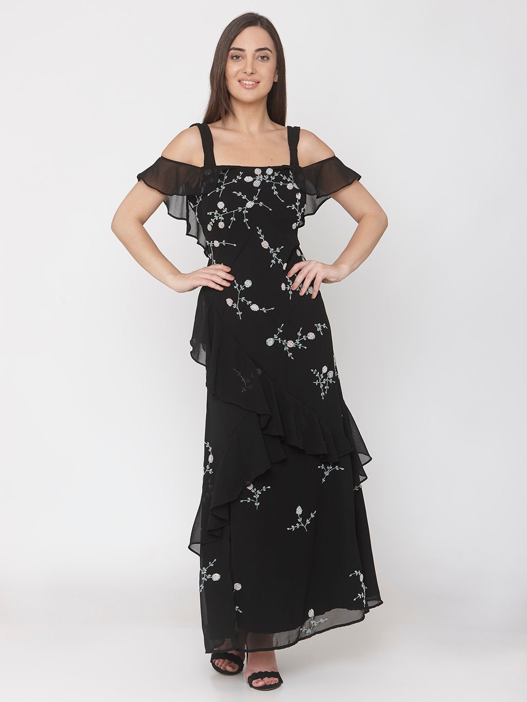 Black Hand Embellished Gown - AaliyaIndia