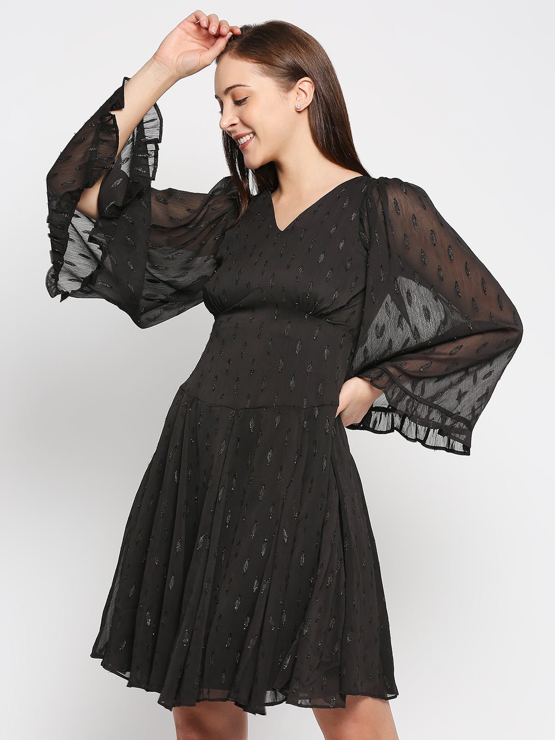 Black Jacquard Fit And Flare Dress - AaliyaIndia