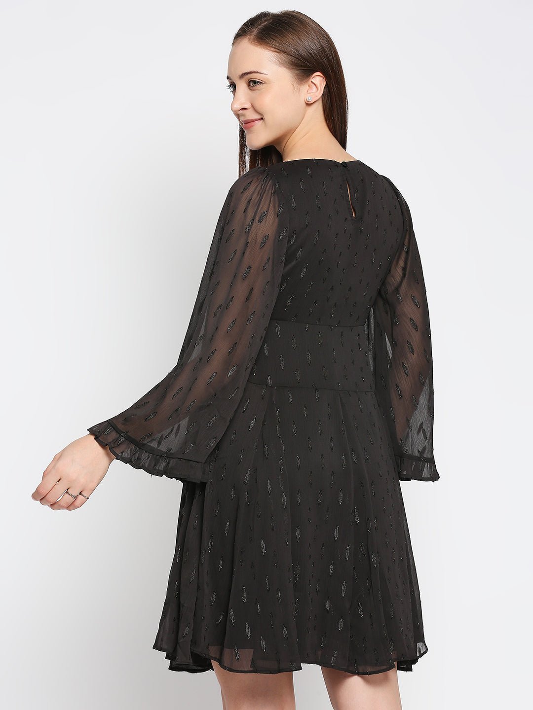 Black Jacquard Fit And Flare Dress - AaliyaIndia