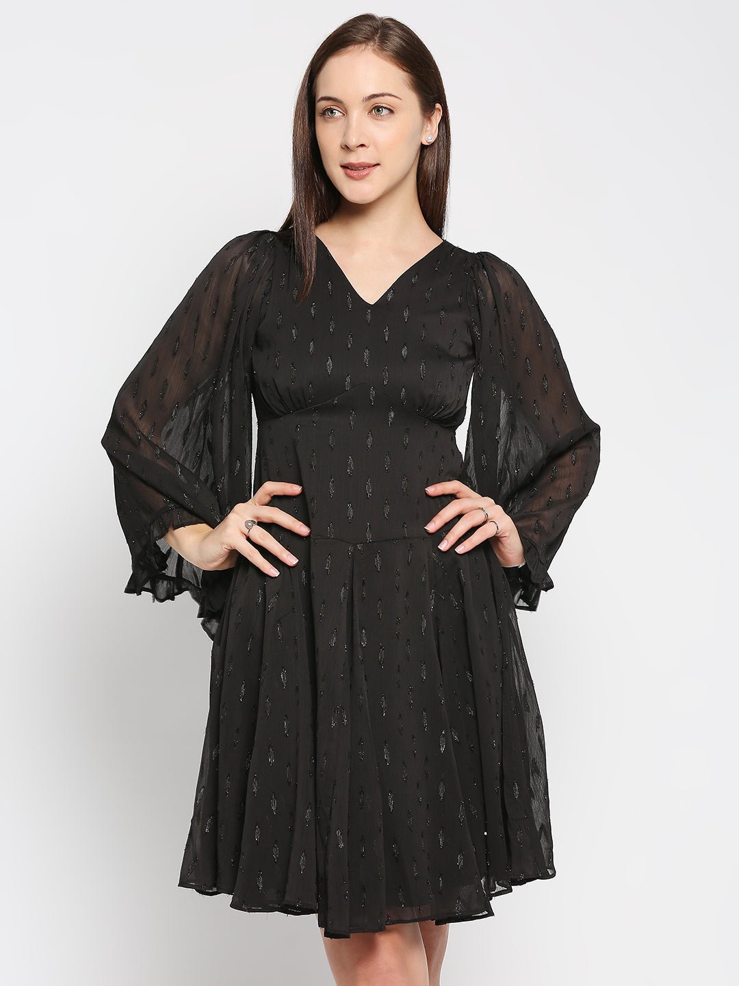 Black Jacquard Fit And Flare Dress - AaliyaIndia