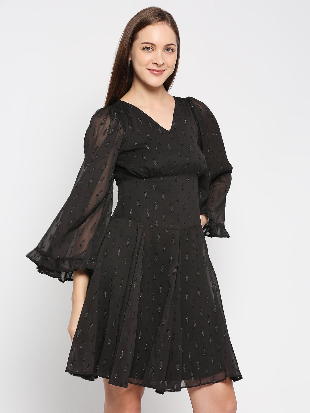 Black Jacquard Fit And Flare Dress - AaliyaIndia