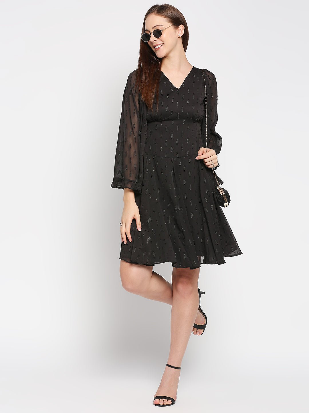 Black Jacquard Fit And Flare Dress - AaliyaIndia