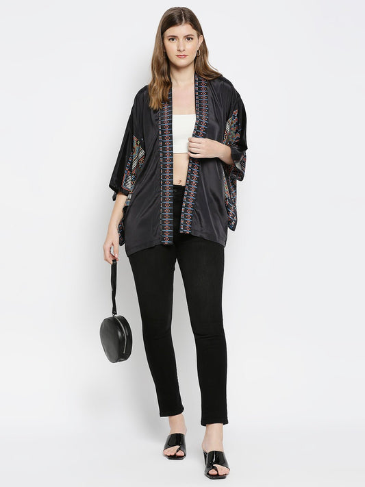 Black Printed Kimono Jacket - AaliyaIndia