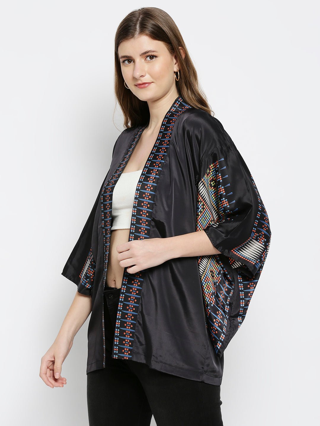 Black Printed Kimono Jacket - AaliyaIndia