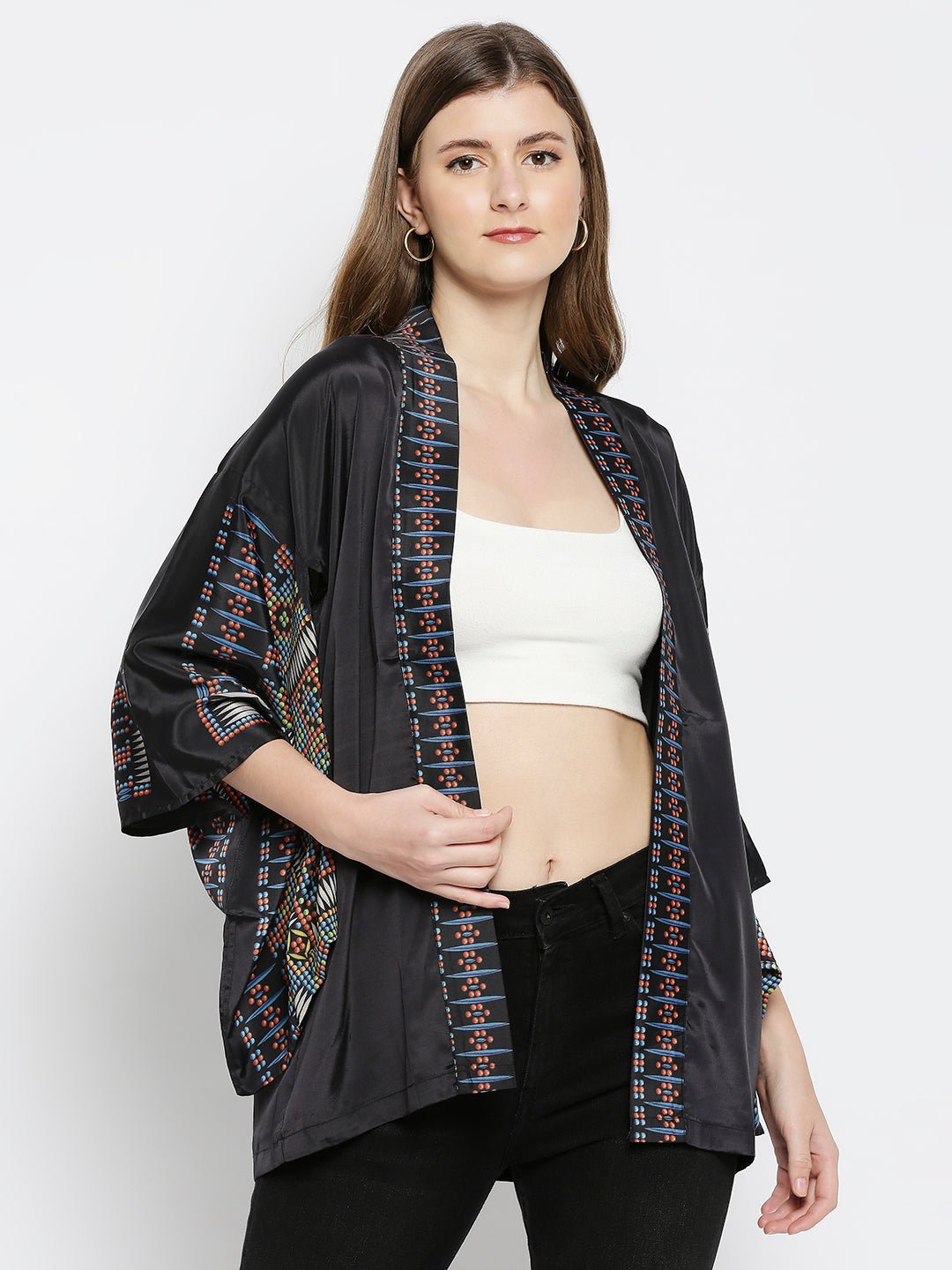 Black Printed Kimono Jacket - AaliyaIndia