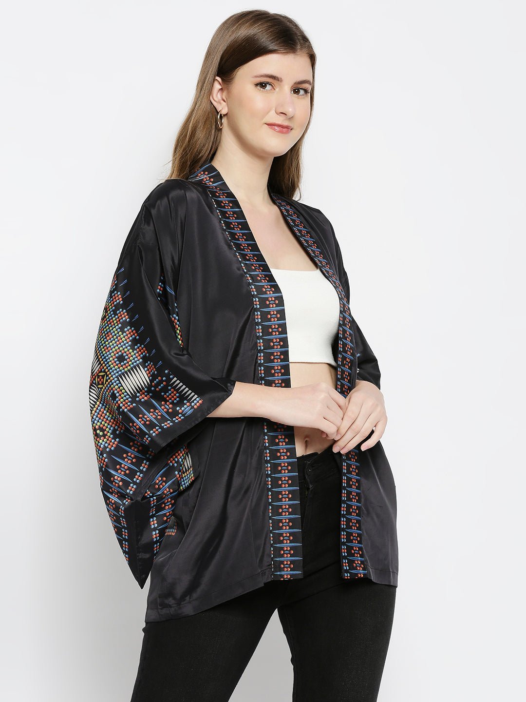 Black Printed Kimono Jacket - AaliyaIndia