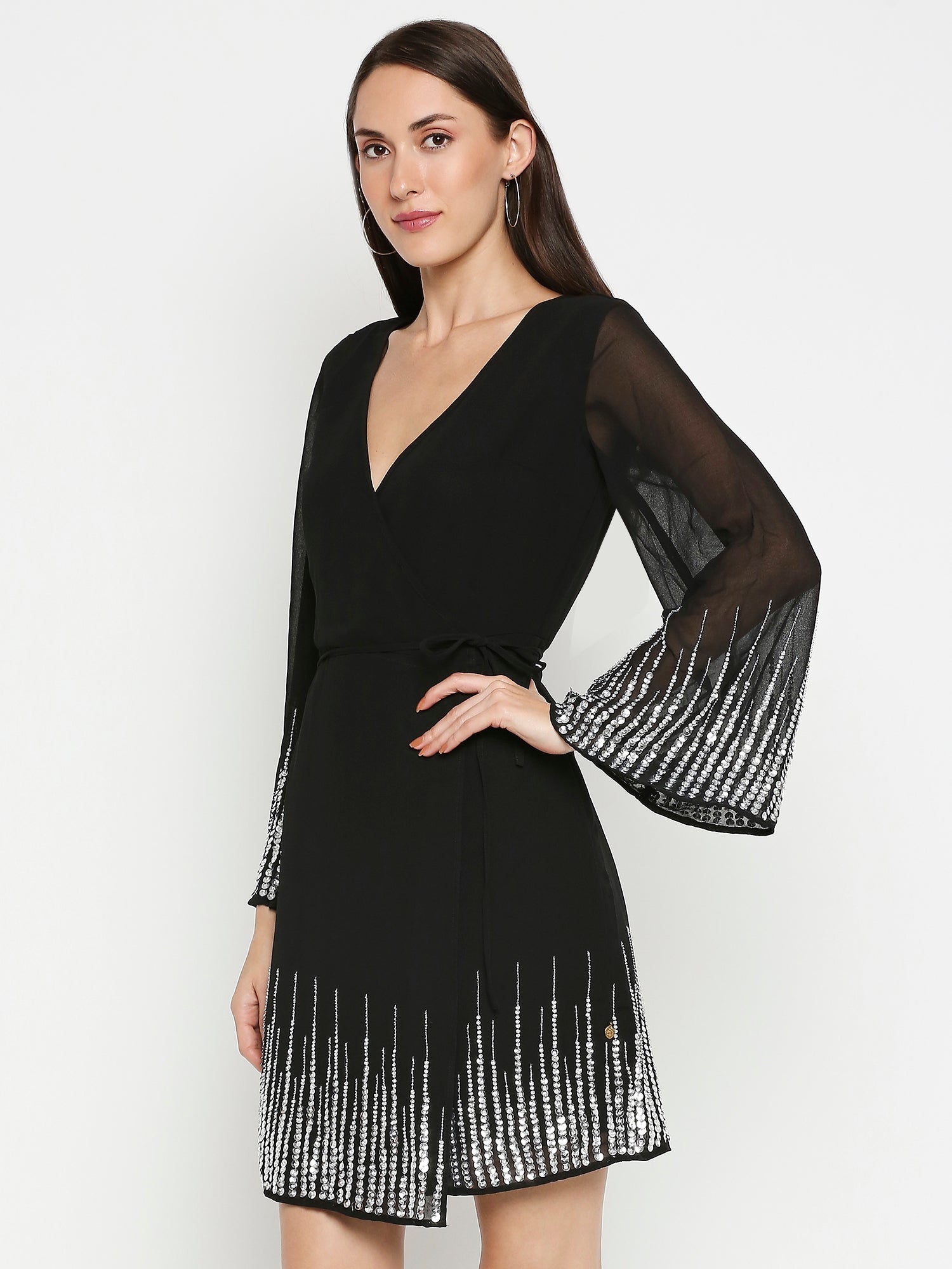 Black Sequin Wrap Dress - AaliyaIndia