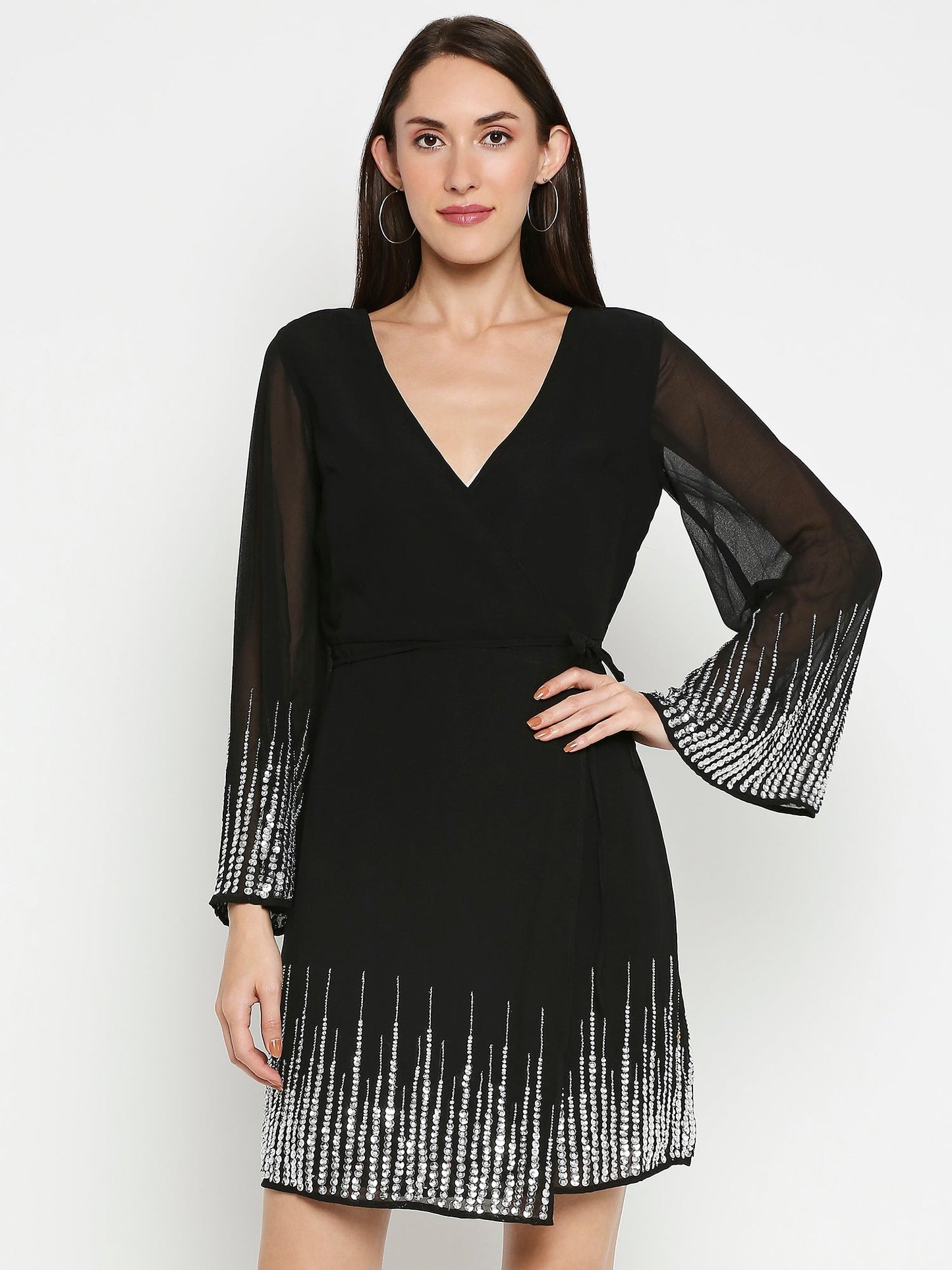 Black Sequin Wrap Dress - AaliyaIndia