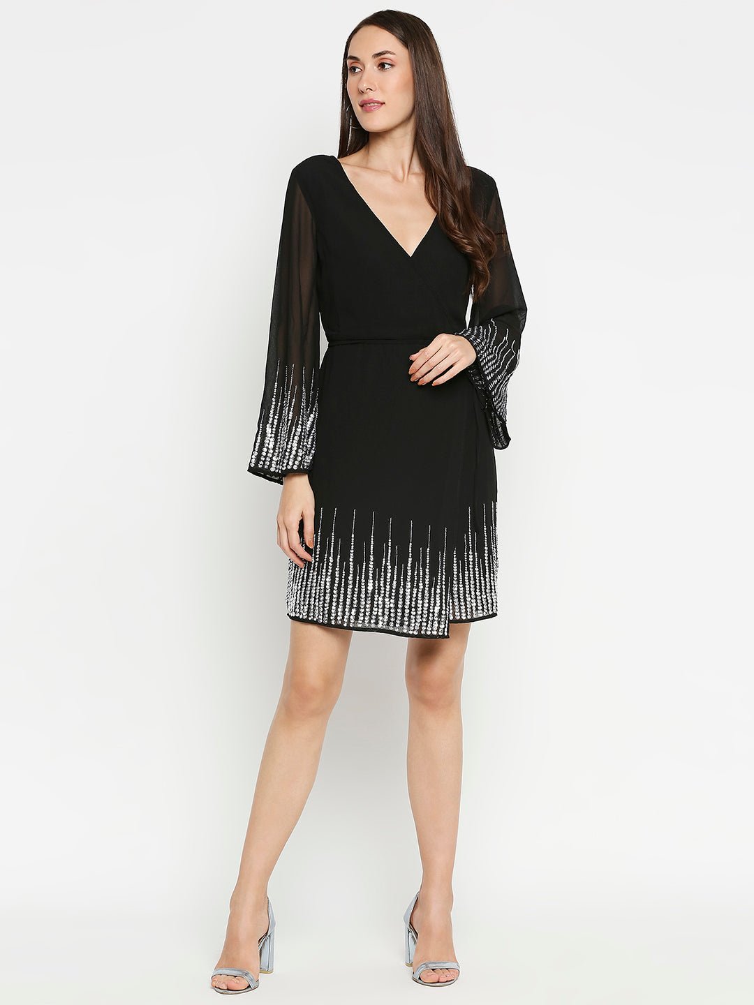 Black Sequin Wrap Dress - AaliyaIndia