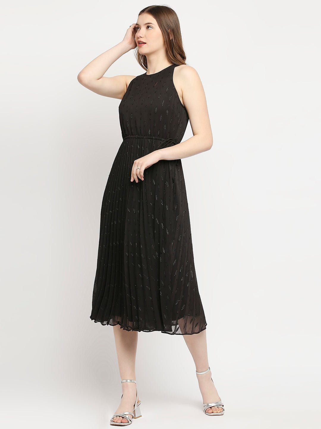 Black Sleeveless Lurex Pleated Dress - AaliyaIndia