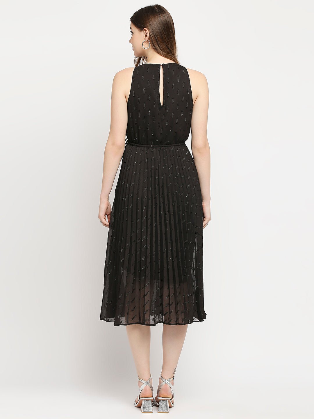 Black Sleeveless Lurex Pleated Dress - AaliyaIndia