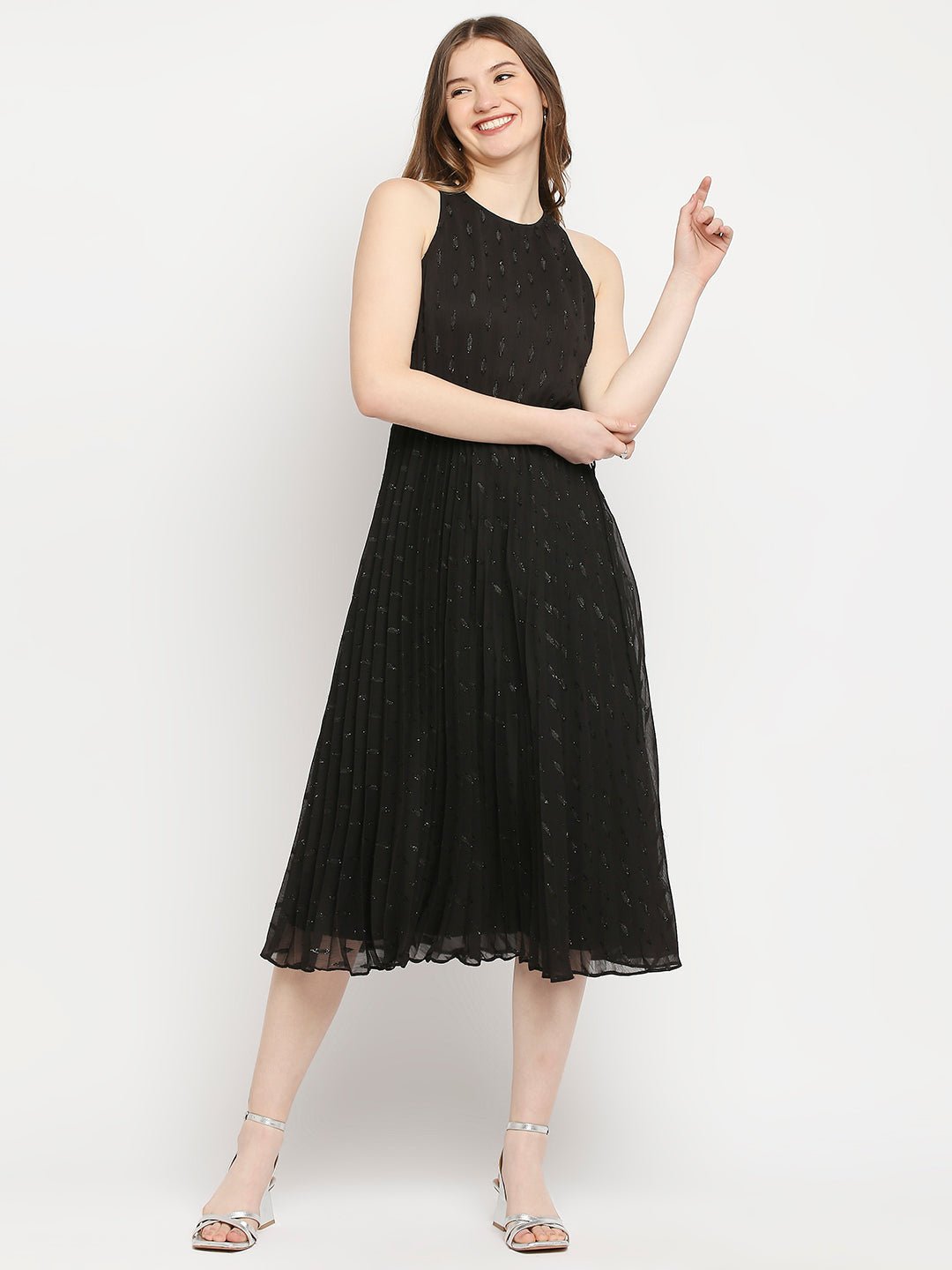 Black Sleeveless Lurex Pleated Dress - AaliyaIndia