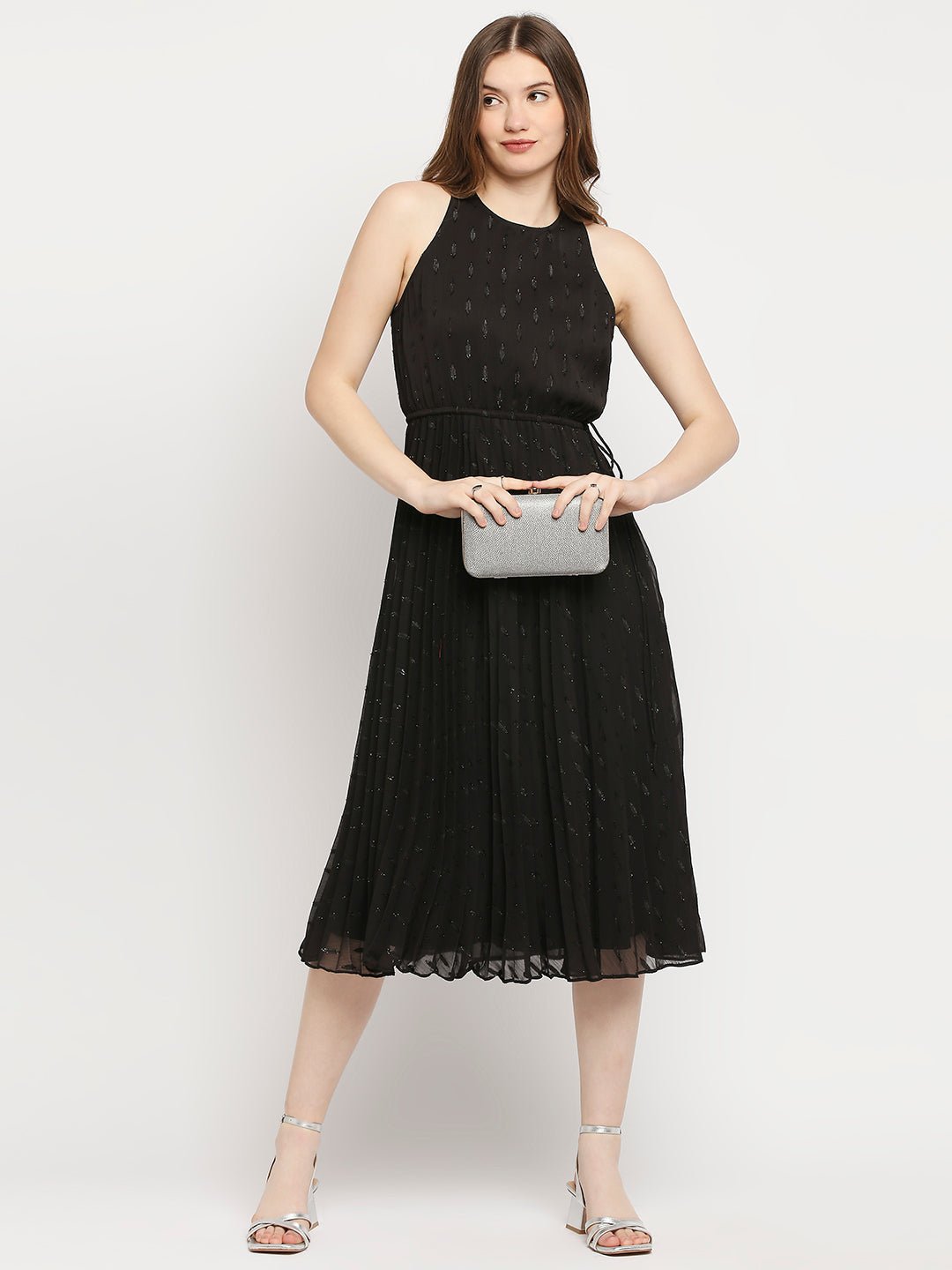 Black Sleeveless Lurex Pleated Dress - AaliyaIndia