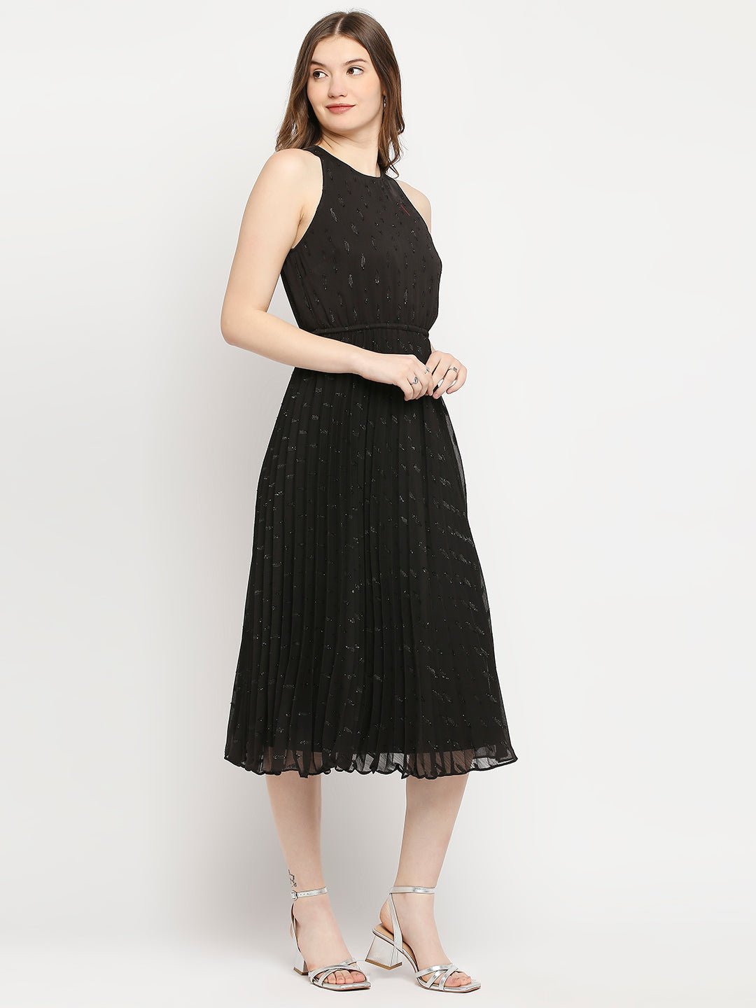 Black Sleeveless Lurex Pleated Dress - AaliyaIndia