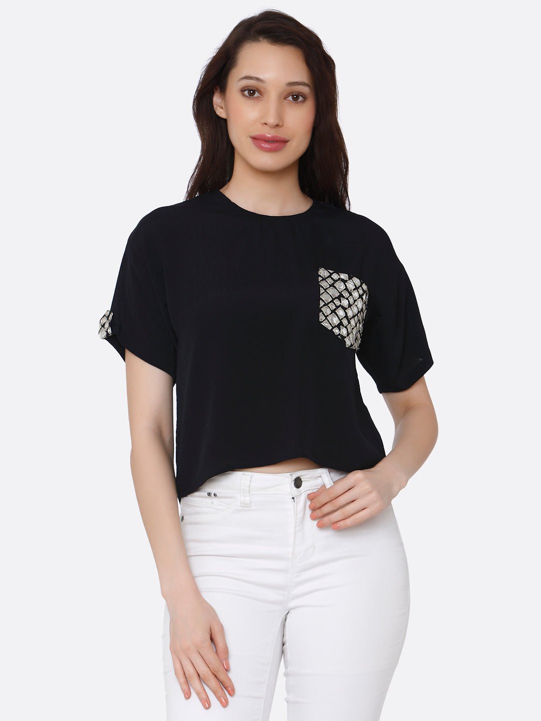 Black T-Shirt With Pocket Detail - AaliyaIndia