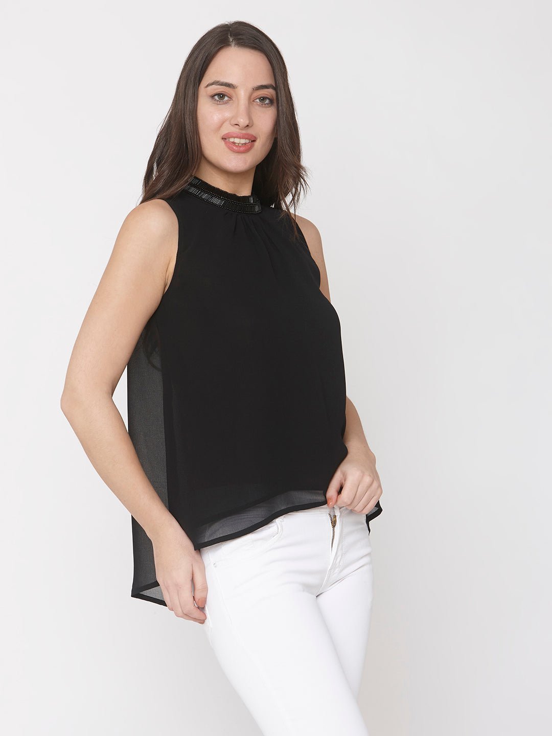 Black Top With Embellished Neckline - AaliyaIndia