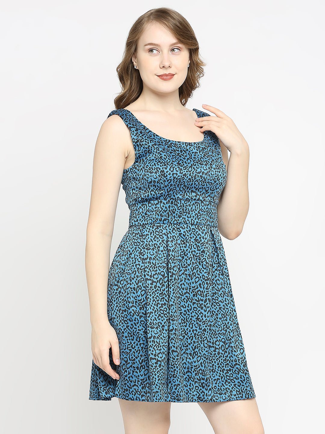 Blue Animal Printed Sleeveless Mini Dress - AaliyaIndia