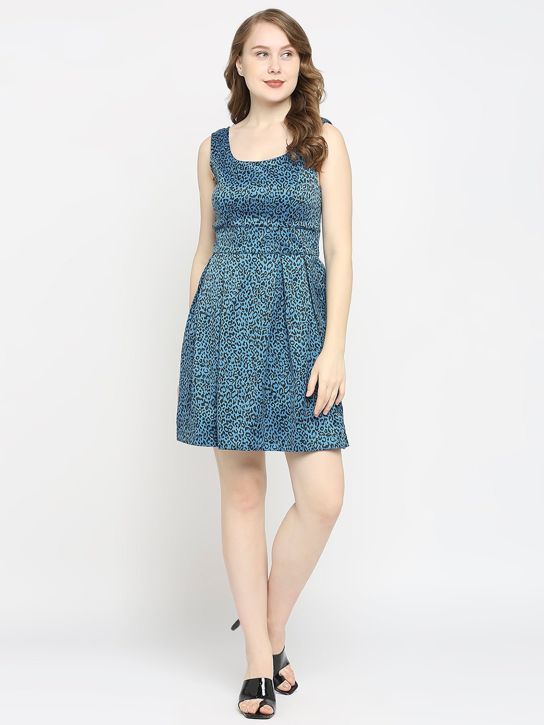 Blue Animal Printed Sleeveless Mini Dress - AaliyaIndia