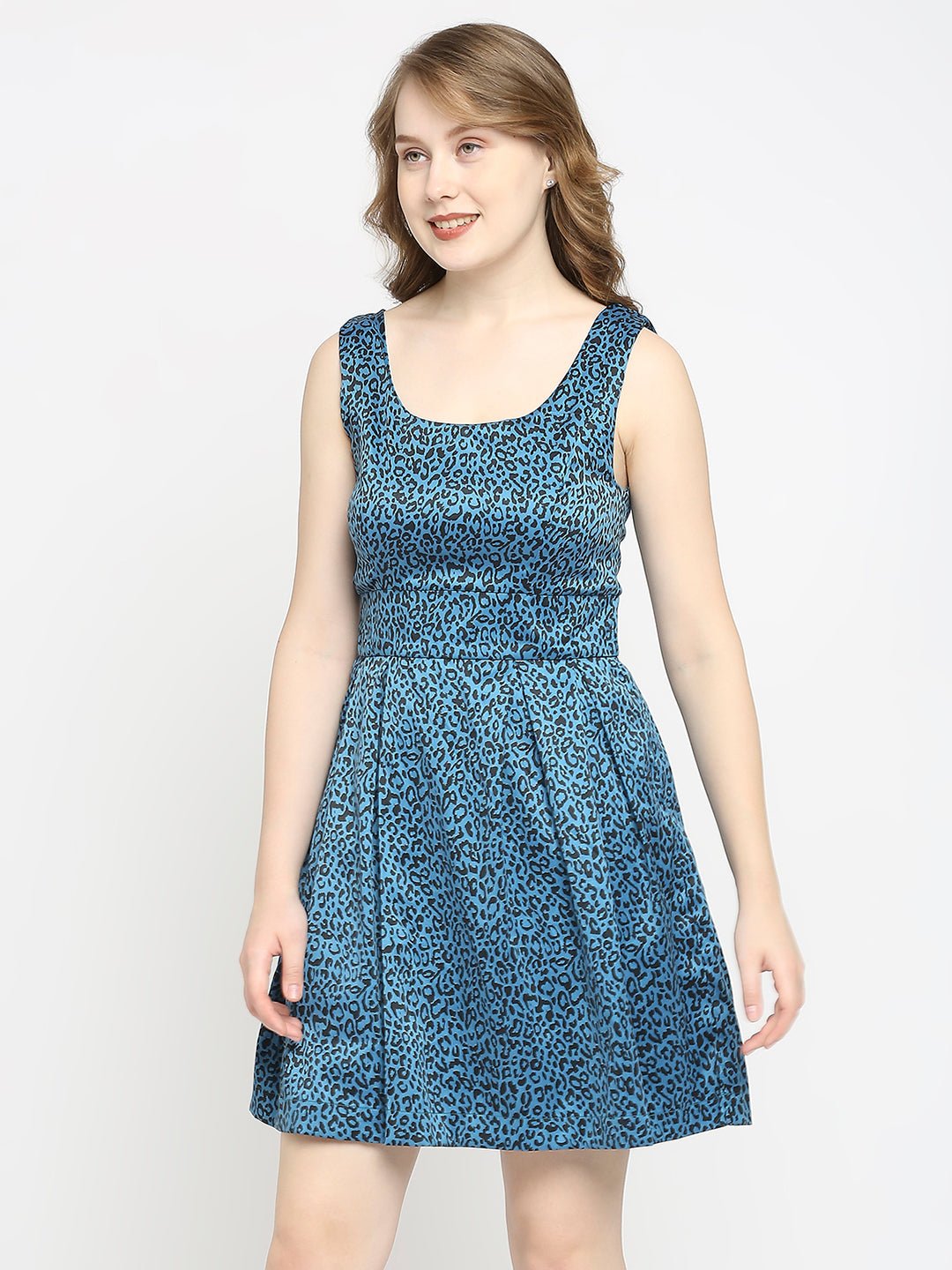 Blue Animal Printed Sleeveless Mini Dress - AaliyaIndia