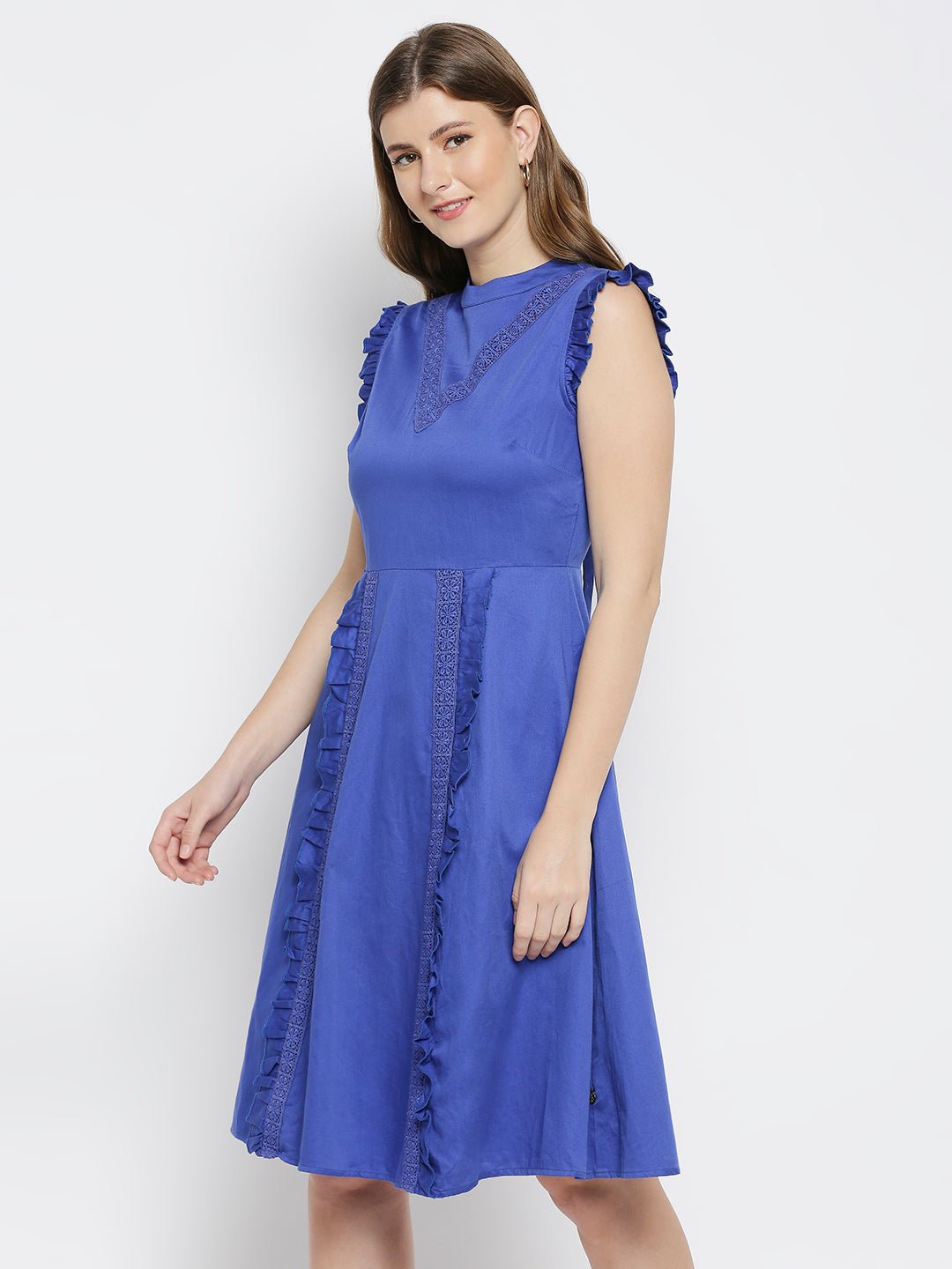 Blue Dress With Lace Insert - AaliyaIndia