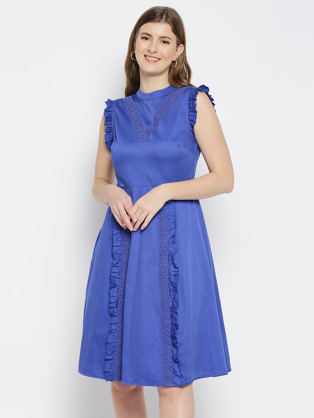 Blue Dress With Lace Insert - AaliyaIndia