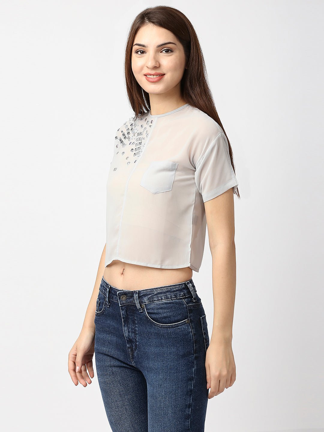 Blue Embellished Top With Regular Sleeves - AaliyaIndia