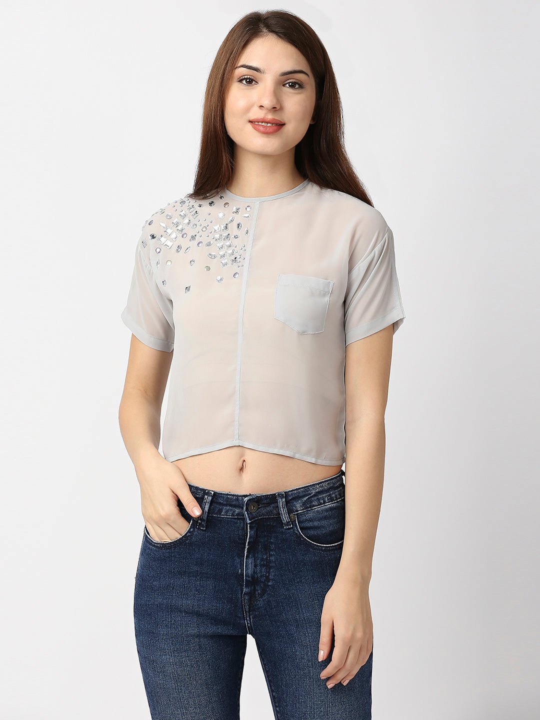 Blue Embellished Top With Regular Sleeves - AaliyaIndia