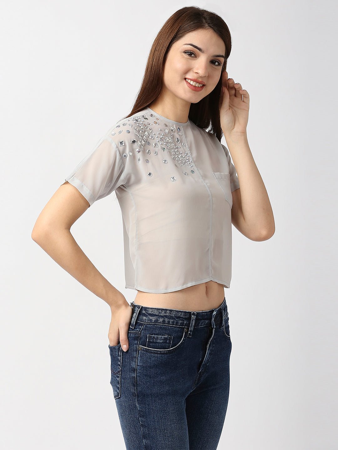 Blue Embellished Top With Regular Sleeves - AaliyaIndia