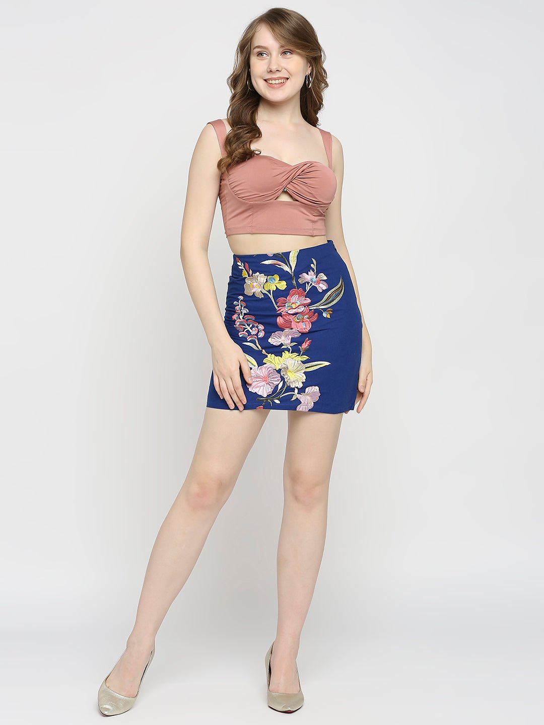 Blue Floral Embroidered Mini Skirt - AaliyaIndia