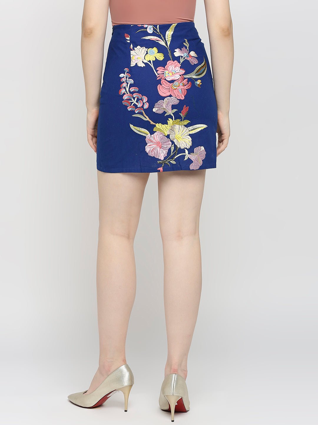 Blue Floral Embroidered Mini Skirt - AaliyaIndia