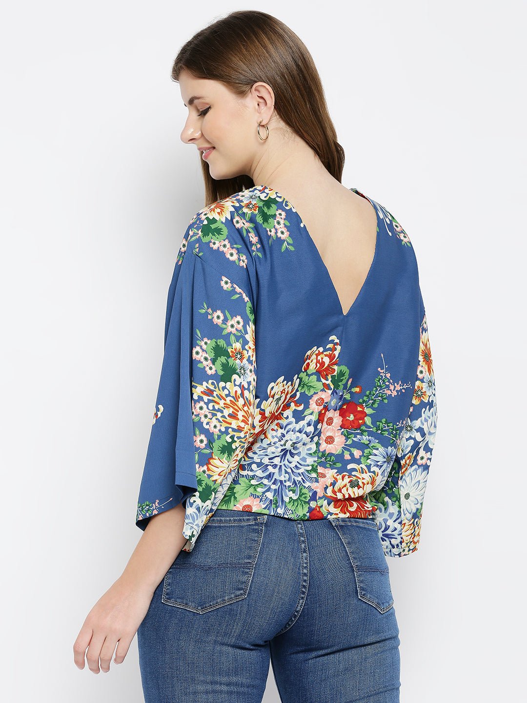 Blue Floral Print Cotton Kaftan Top - AaliyaIndia