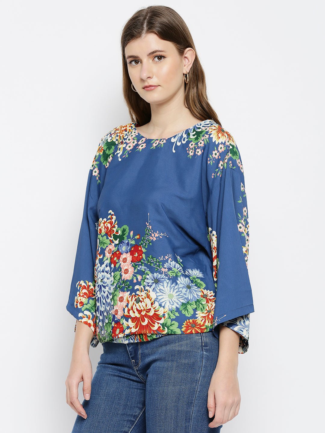 Blue Floral Print Cotton Kaftan Top - AaliyaIndia