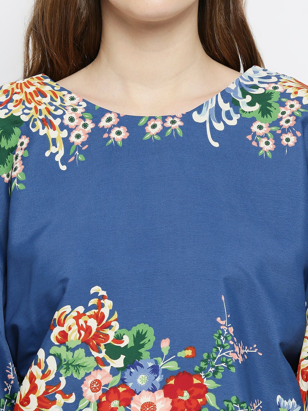 Blue Floral Print Cotton Kaftan Top - AaliyaIndia