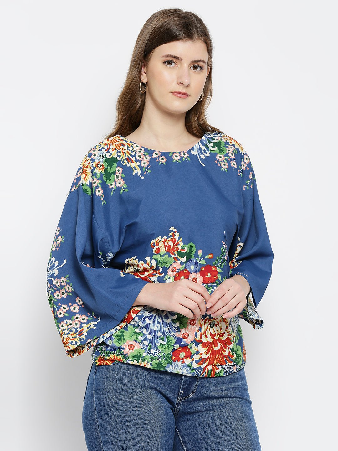 Blue Floral Print Cotton Kaftan Top - AaliyaIndia