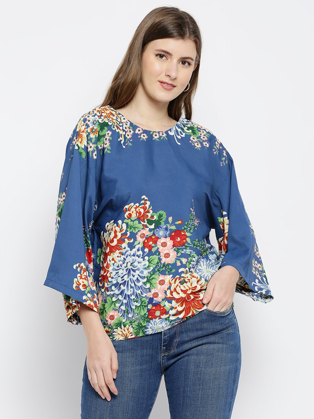 Blue Floral Print Cotton Kaftan Top - AaliyaIndia