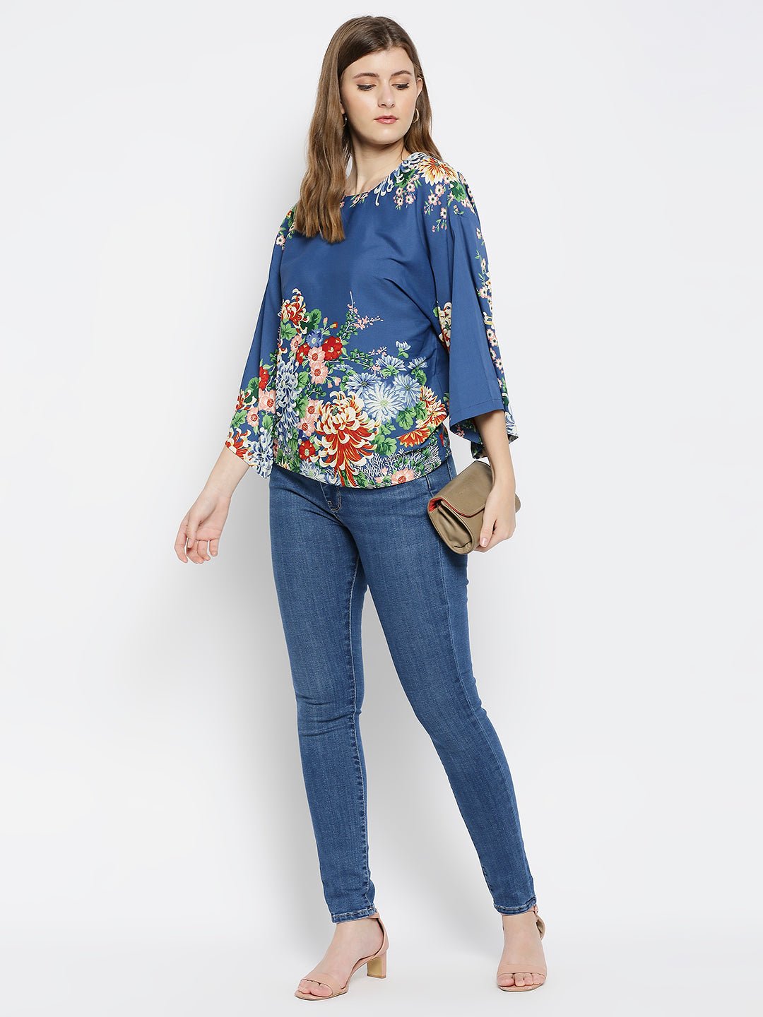 Blue Floral Print Cotton Kaftan Top - AaliyaIndia