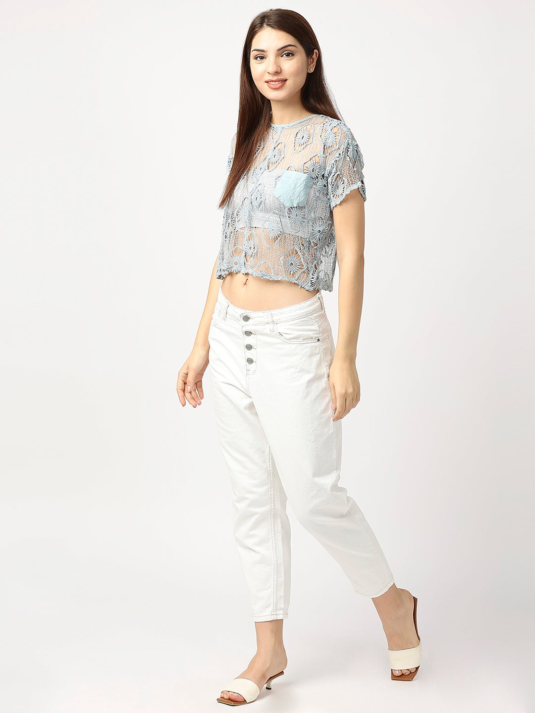 Blue Lace Cotton Crop Top - AaliyaIndia