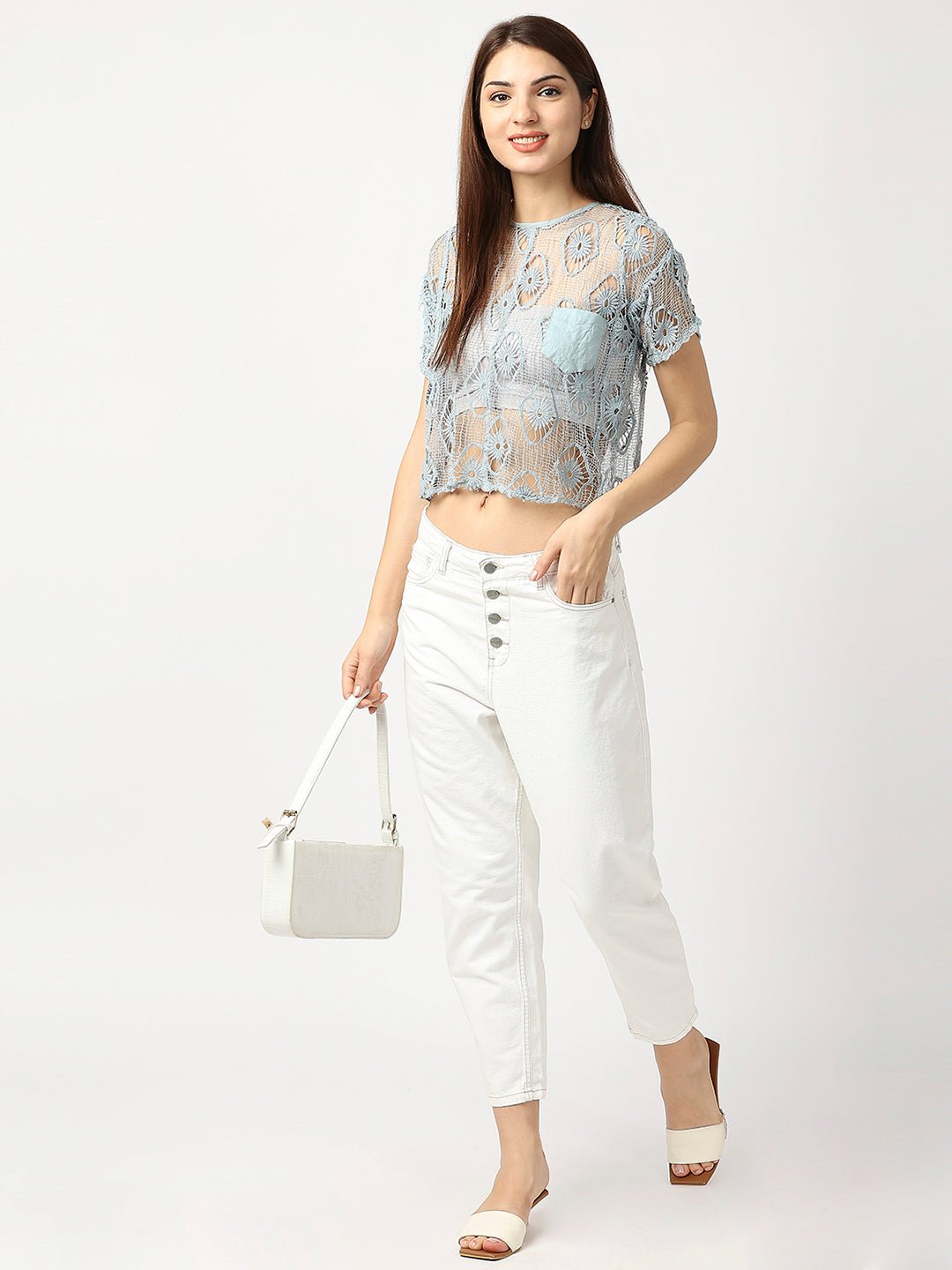 Blue Lace Cotton Crop Top - AaliyaIndia