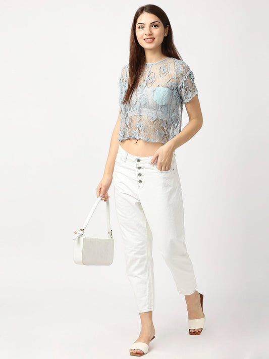 Blue Lace Cotton Crop Top - AaliyaIndia