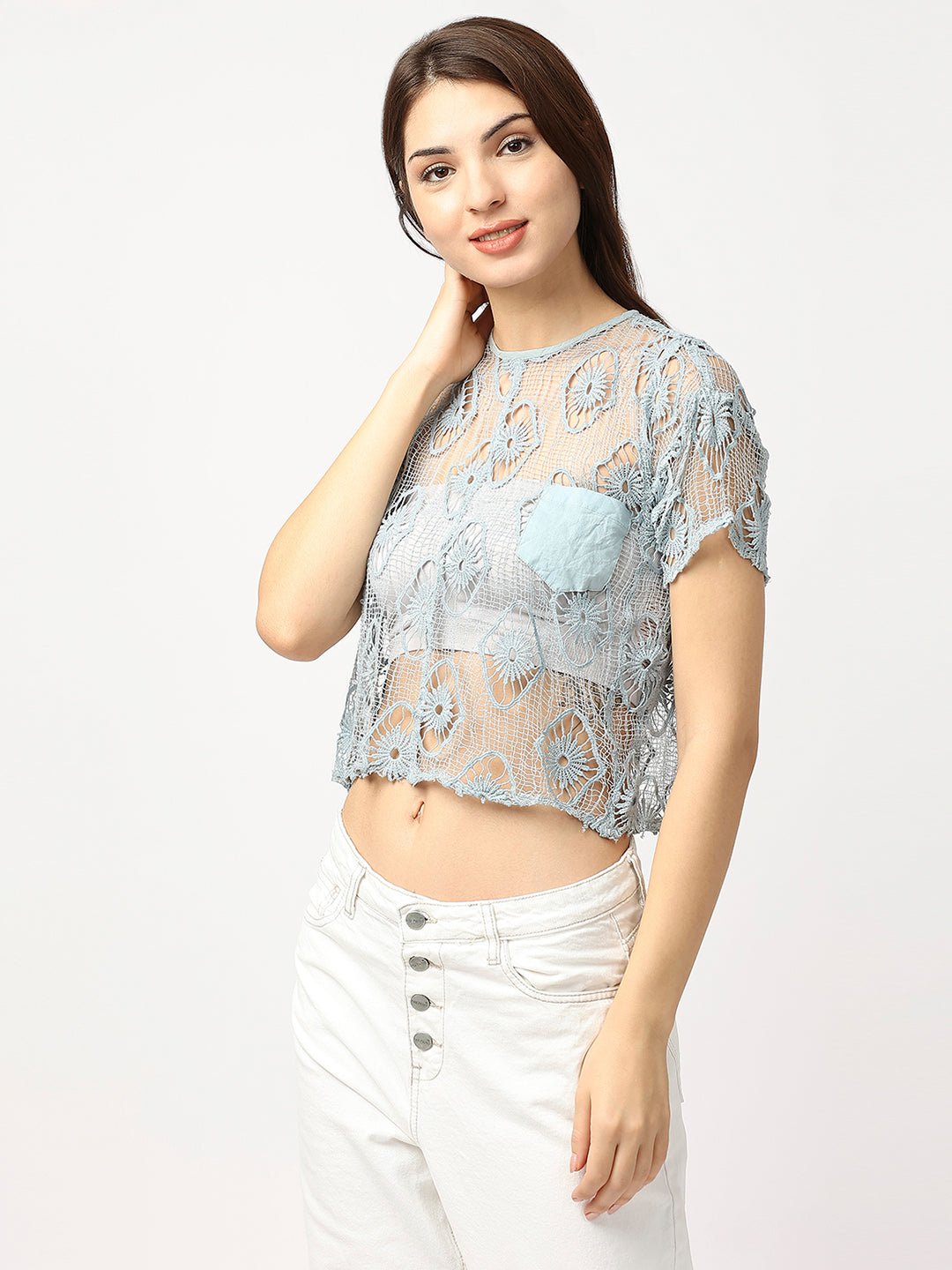 Blue Lace Cotton Crop Top - AaliyaIndia