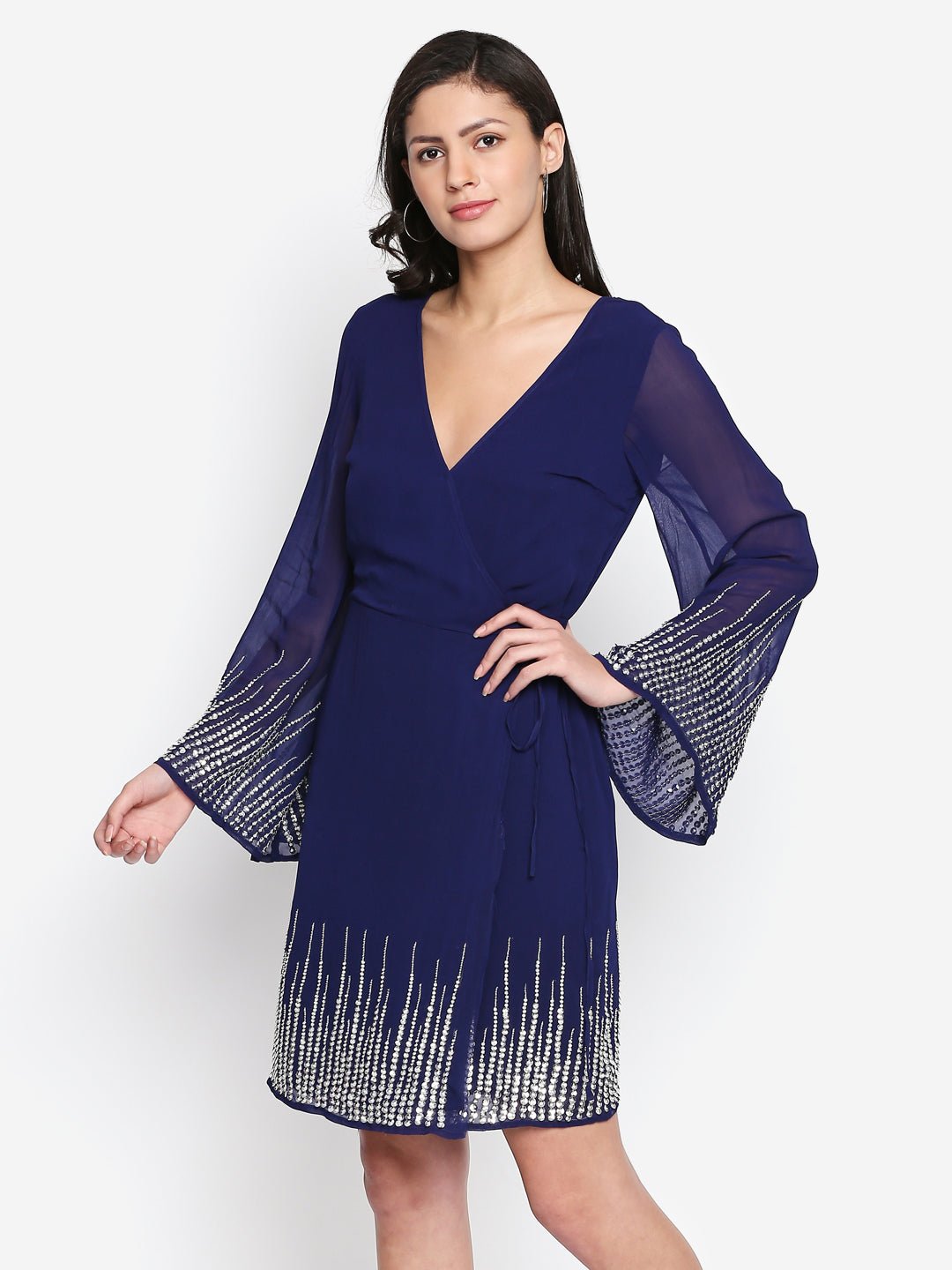 Blue Sequin Wrap Dress - AaliyaIndia