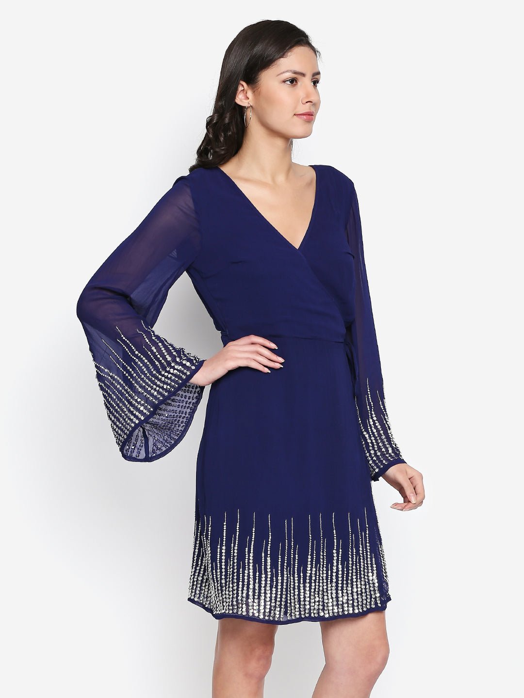 Blue Sequin Wrap Dress - AaliyaIndia