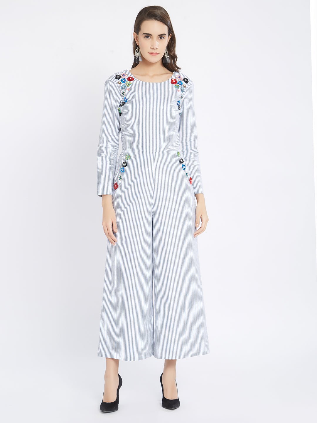 Blue Striped Jumpsuit With Embellishments - AaliyaIndia