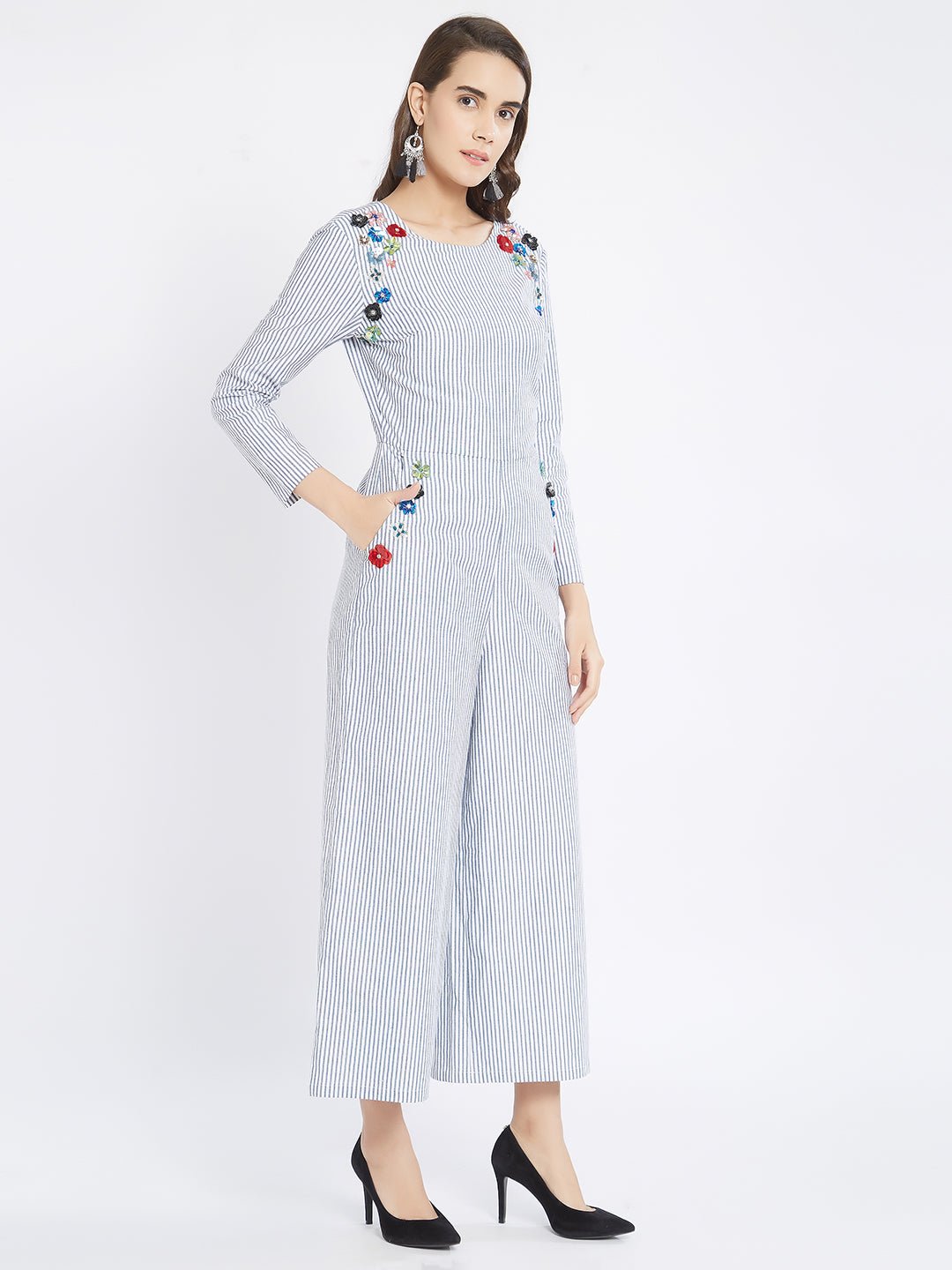 Blue Striped Jumpsuit With Embellishments - AaliyaIndia